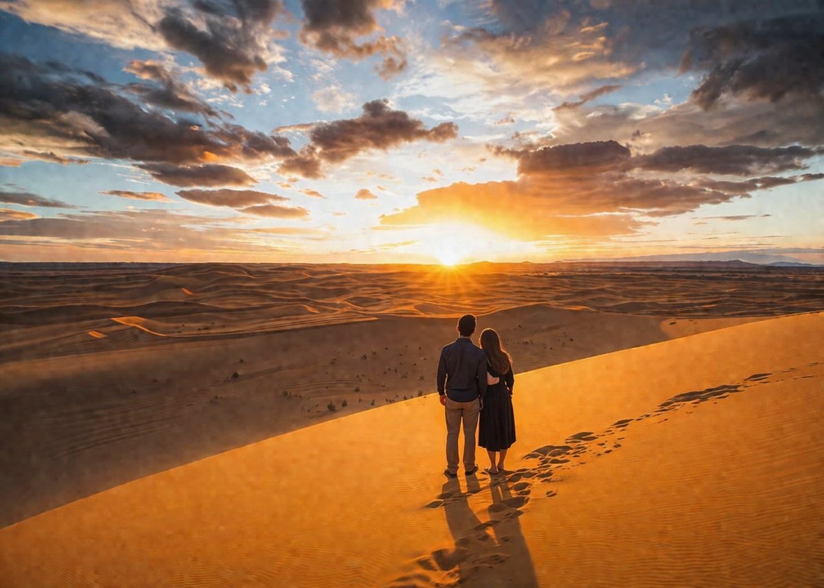 Couple walking on sand dune at sunset