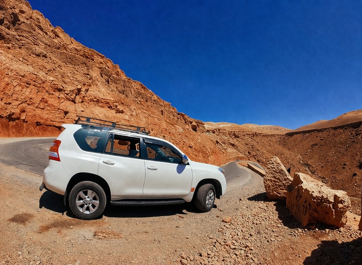 Car driving through Moroccan desert landscape