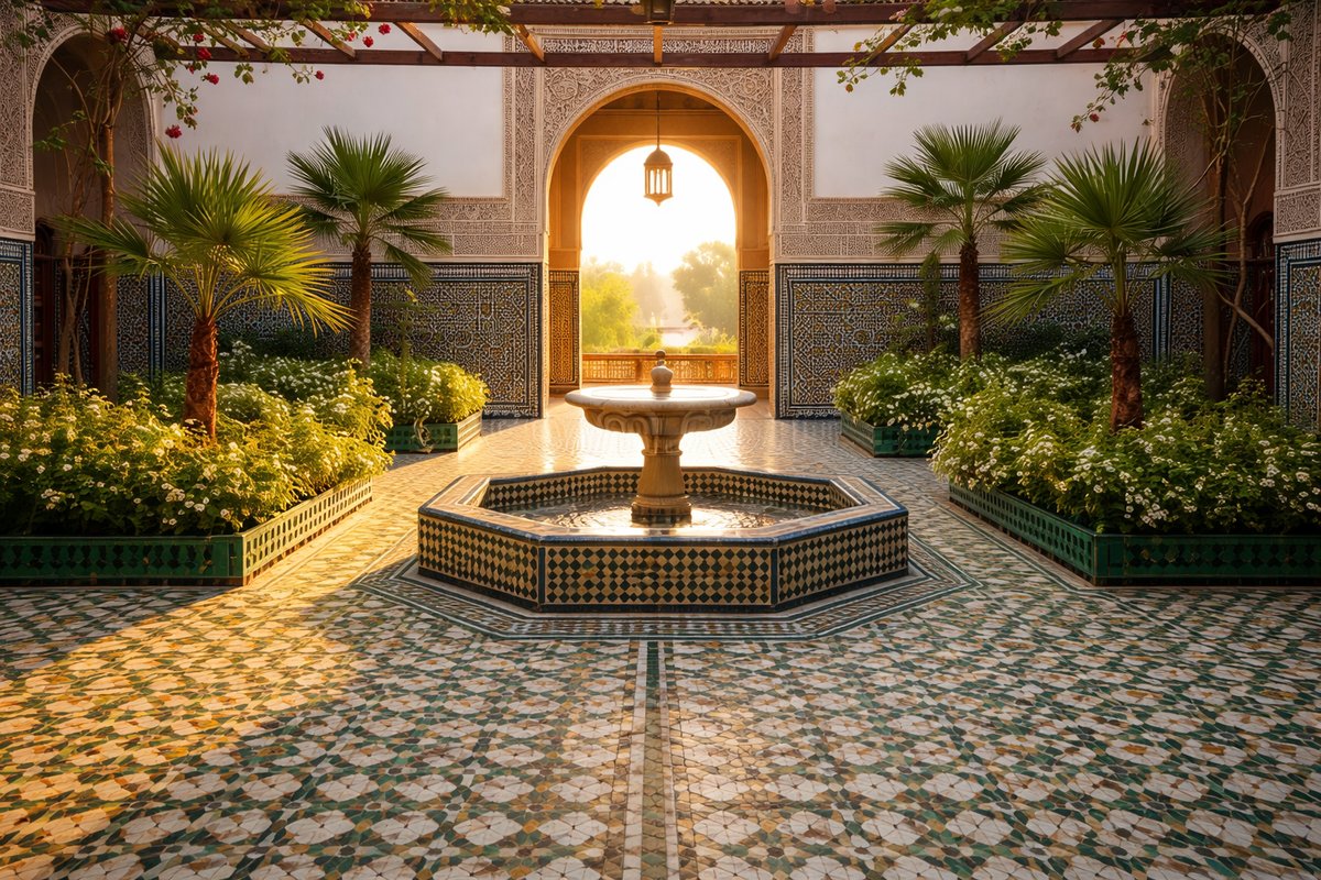 Moroccan architecture with palm trees