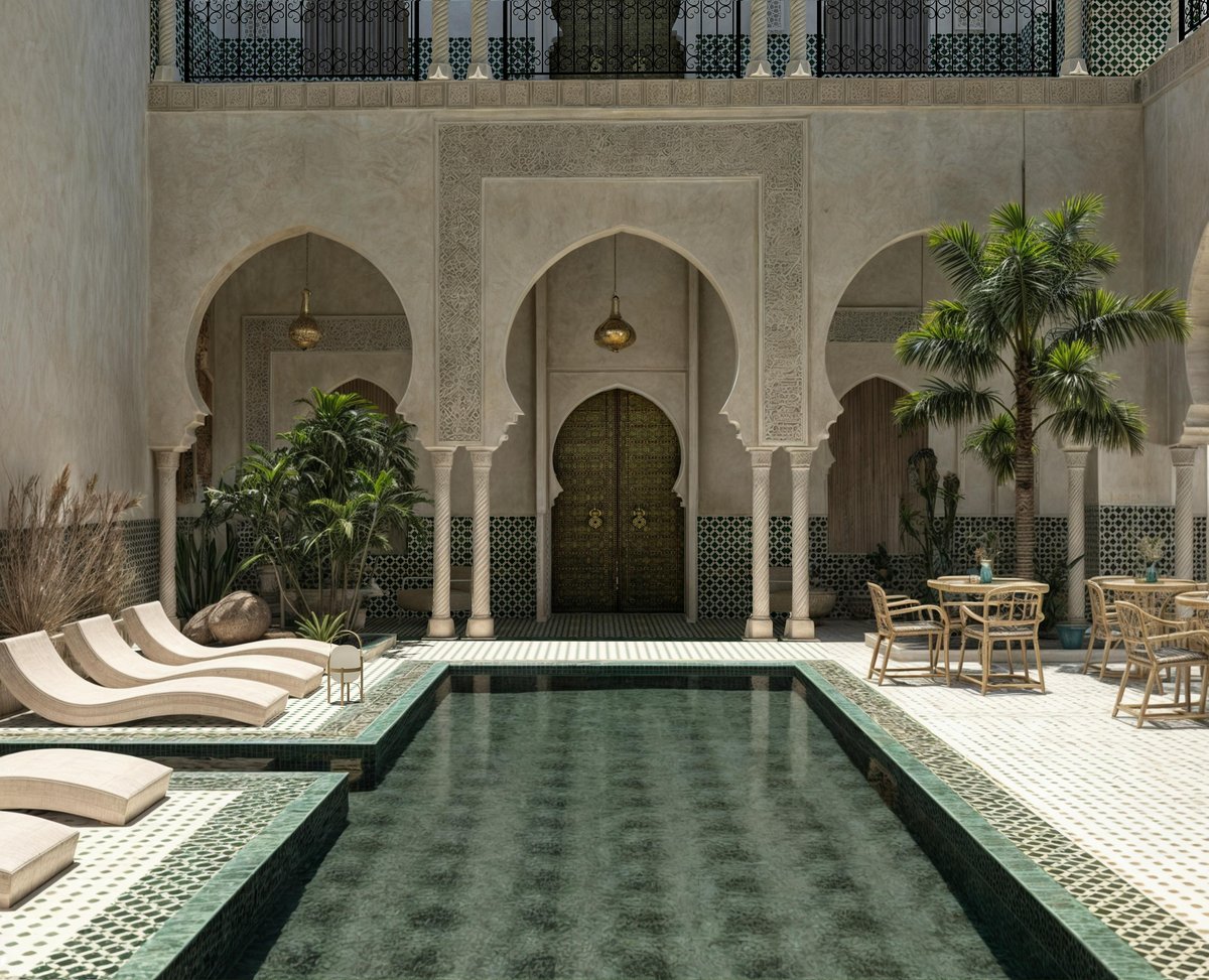 Luxury Moroccan riad courtyard with pool